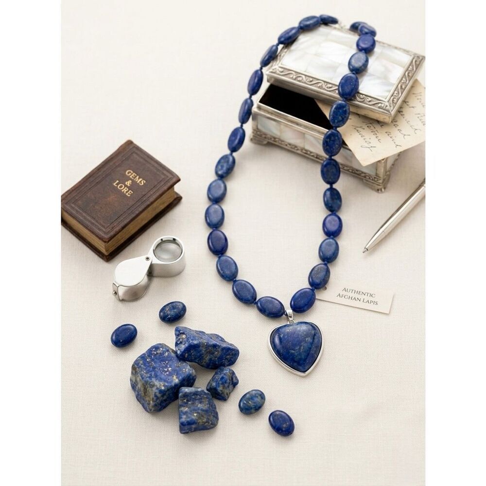 Natural Lapis Lazuli Heart Pendant Necklace 20" Sterling Silver Oval Bead Gift - Picture 4 of 4